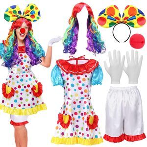 3494 6 Pcs Clown Costume Set Circus Dress Rainbow Clown Wig